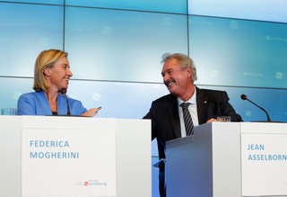 Federica Mogherini et Jean Asselborn, conférence de presse de la réunion informelle des ministres des Affaires étrangères, le 5 septembre 2015 à Luxembourg